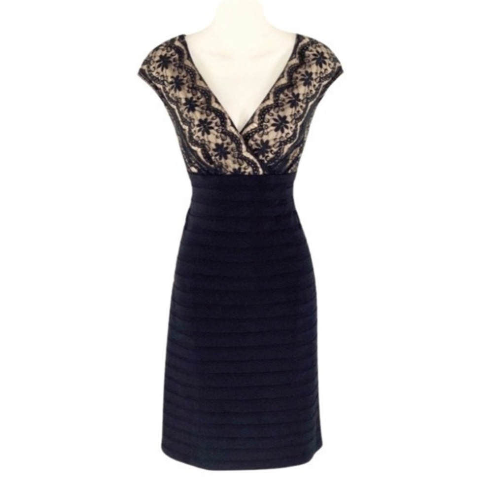 Adrianna Papell black lace nude banded sheath dress P15